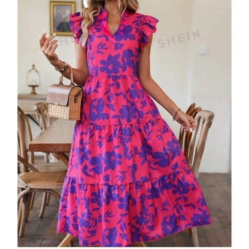 Floral Print Boho Butterfly Sleeve Ruffle Hem Smock Dress